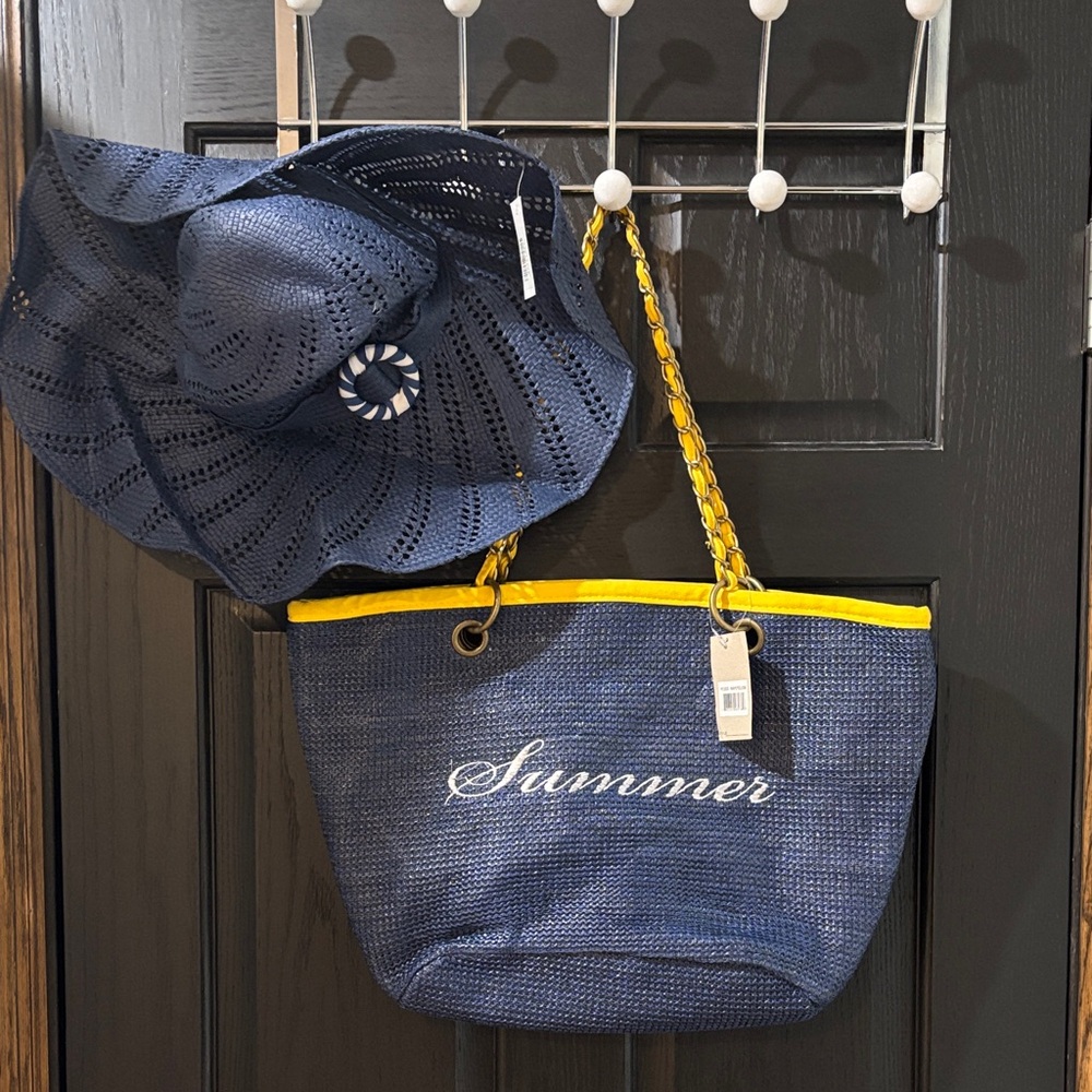 Elegant Navy Tote with Yellow Trim and Hat